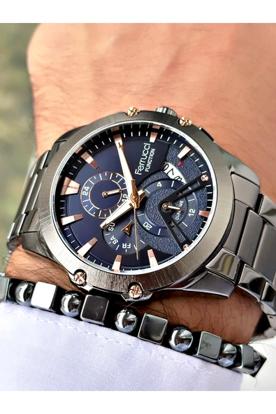Ferrucci Füme Renk Spor Fonksiyonlu  Çelik Kordon Erkek Kol Saati + BİLEKLİK ürün görseli 1