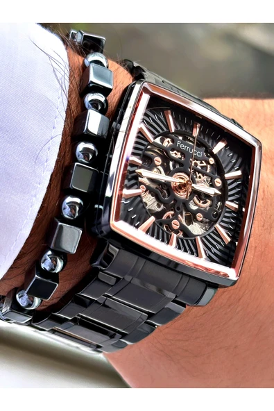 Ferrucci Siyah Renk Otomatik Kare Business  Mekanizma Erkek Kol Saati + BİLEKLİK ürün görseli 1