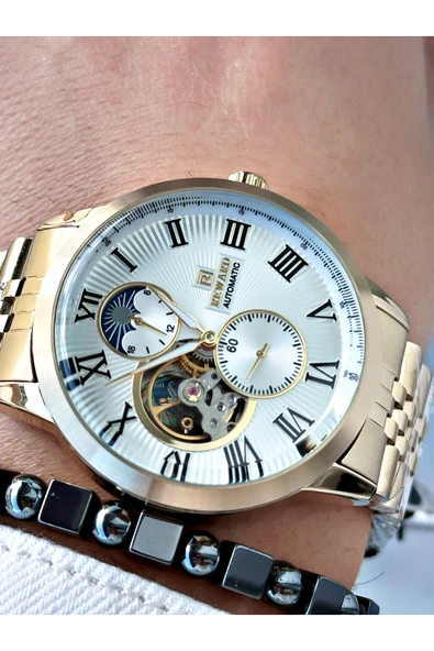 Reward Altın Renk Otomatik Mekanizma Roma Rakamlı Erkek Kol Saati + BİLEKLİK - Resim 3