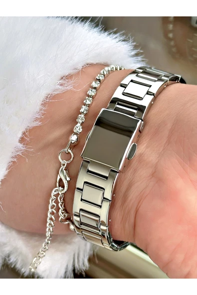 Ferrucci Gümüş Renk Kare Model Taşlı Çelik Kordon Kadın Kol Saati + BİLEKLİK HEDİYELİ - Resim 4