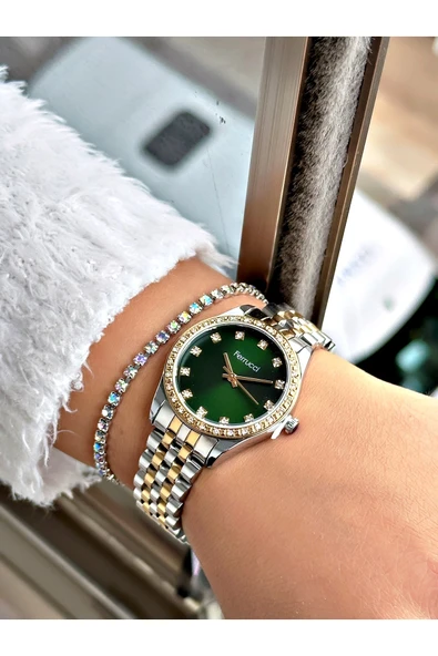 Ferrucci Altın Gümüş Renk Taşlı Model Şık Tasarım Garantili Çelik Kordon Kadın Kol Saati + BİLEKLİK - Resim 2