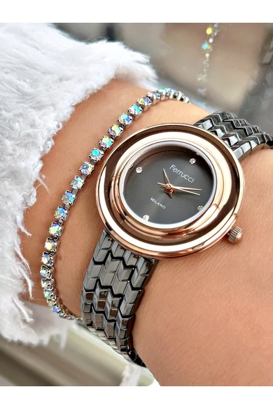 Ferrucci Füme Renk Sade Model Kadın Kol Saati + BİLEKLİK ürün görseli 1