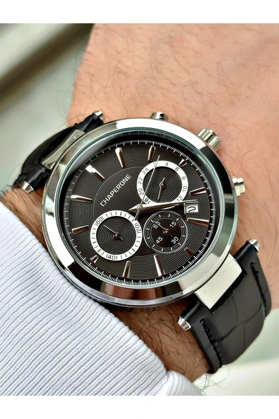 Chaperone Siyah Renk Deri Kordon Fonksiyonlar Aktif Erkek Kol Saati + BİLEKLİK HEDİYELİ By Reward - Resim 3