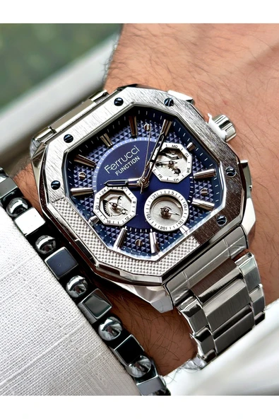 Ferrucci Gümüş Renk Kare Fonksiyonlu  Çelik Kordon Erkek Kol Saati + BİLEKLİK HEDİYELİ - Resim 3