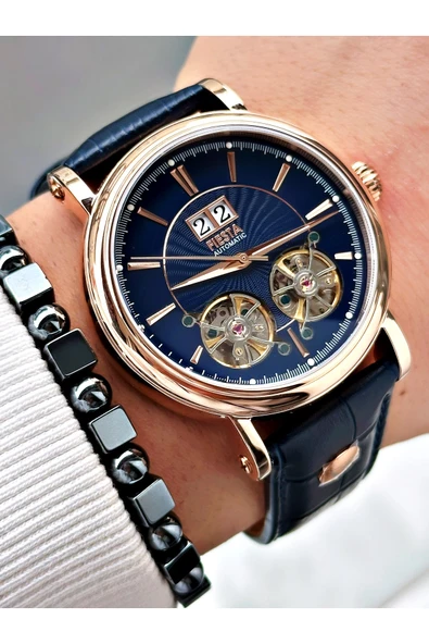 Fiesta Lacivert Renk Çift Türbünlü Deri Kordon Business Otomatik Erkek Kol Saati + BİLEKLİK - Resim 6