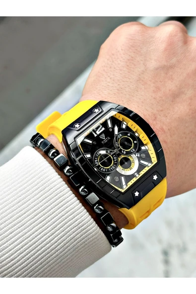 Fiesta Sarı Renk Silikon Fonksiyonlu Çelik Kasa Business Erkek Kol Saati + BİLEKLİK - Resim 2