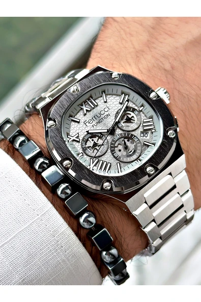 Ferrucci Gümüş Renk Kare Roma Rakamlı  Erkek Kol Saati + BİLEKLİK HEDİYELİ - Resim 3