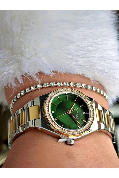 Ferrucci Altın Gümüş Renk Sade Tasarım Taşlı Çelik Kordon Kadın Kol Saati + BİLEKLİK HEDİYELİ - Resim 2