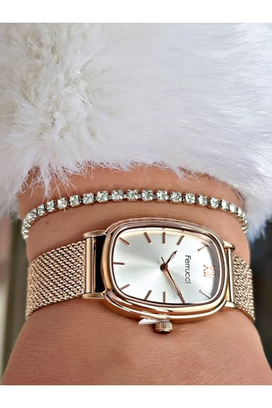 Ferrucci Rose Gold Renk Hasır Çelik Kordon Şık Dizayn Kadın Kol Saati + BİLEKLİK HEDİYELİ - Resim 3
