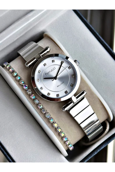 Ferrucci Gümüş Renk Sade Model Klasik Çelik Kordon Kadın Kol Saati + BİLEKLİK ürün görseli 1