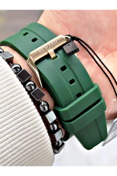 Reward Yeşil Renk Silikon Spor Çelik Kasa Business Erkek Kol Saati + BİLEKLİK - Resim 4
