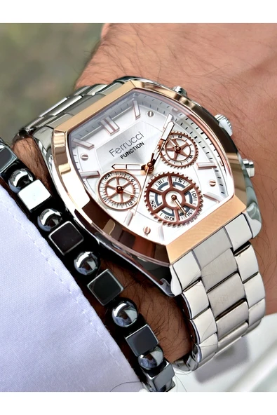 Ferrucci Gümüş Renk Fonksiyonlar Aktif Kare Model Klasik Erkek Kol Saati + BİLEKLİK - Resim 3