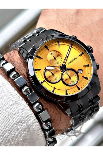 Chaperone Siyah Renk Fonksiyonlar Aktif Çelik Kordon  Erkek Kol Saati + BİLEKLİK HEDİYELİ By Reward - Resim 3