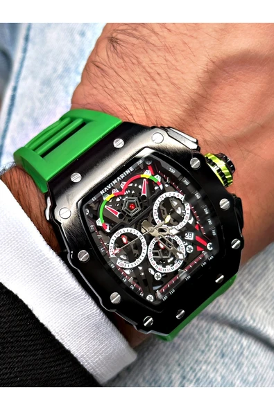 Navimarine Yeşil Renk Fonksiyonlu Spor Silikon Kare Erkek Kol Saati + BİLEKLİK HEDİYELİ - Resim 4