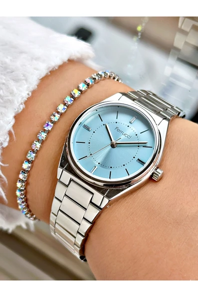Ferrucci Gümüş Renk Sade Klasik Kadın Kol Saati + BİLEKLİK ürün görseli 1