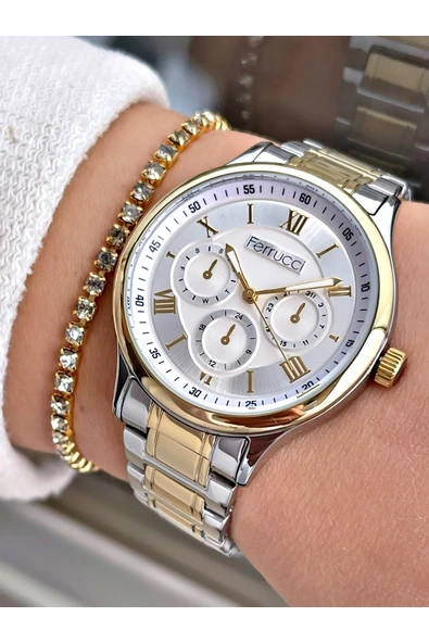 Ferrucci Altın - Gümüş Renk Çelik Kordon Kadın Kol Saati Bileklik Hediyeli ürün görseli 1