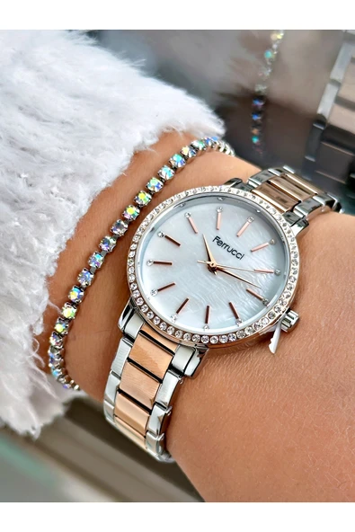 Ferrucci Rose Gold Gümüş Renk Sade Taşlı Model  Garantili Kadın Kol Saati + BİLEKLİK ürün görseli 1