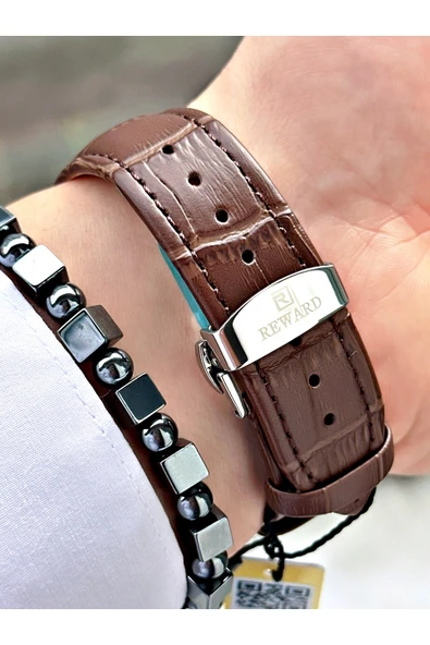 Reward Kahverengi Deri Kordon Pilli Orjinal Business Kilit Erkek Kol Saati + BİLEKLİK HEDİYELİ - Resim 5