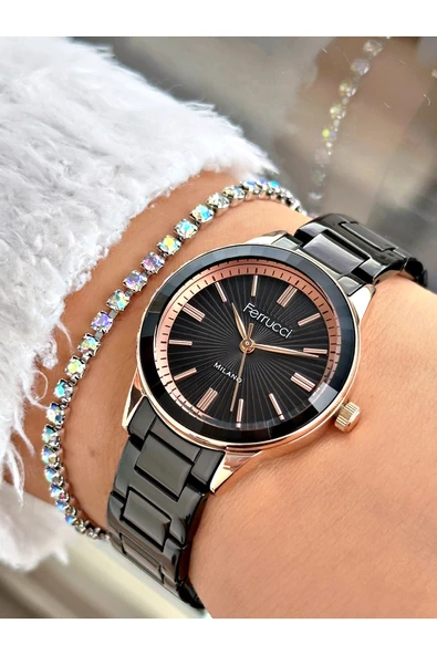 Ferrucci Siyah Renk Sade Model Klasik  Garantili Kadın Kol Saati + BİLEKLİK ürün görseli 1