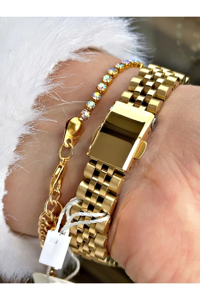 Navimarine Altın Renk Çelik Kordon Kadın Kol Saati + Bileklik Hediyeli - Resim 4