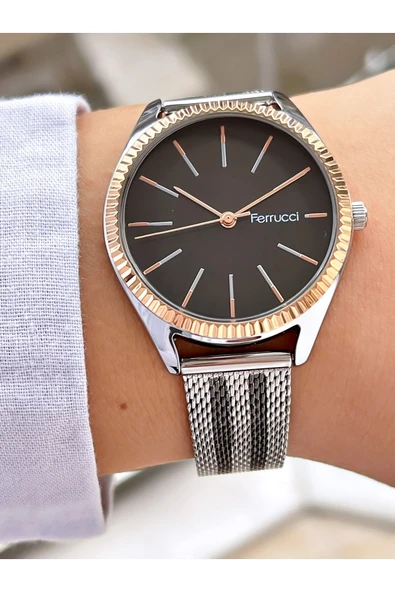 Ferrucci Siyah Gümüş Çift Renk Klasik Hasır Kadın Kol Saati - Resim 2