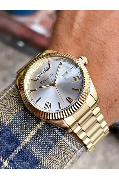 Ferrucci Altın Renk Roma Rakamlı Klasik Metal Erkek Kol Saati + Hematit Doğaltaş Bileklik Hediyeli - Resim 3