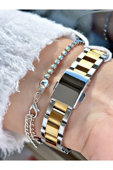 Ferrucci Altın Renk Kare Sade Model  Kadın Kol Saati + BİLEKLİK - Resim 3