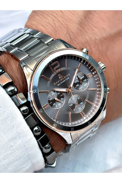 Navimarine Gümüş Renk Çelik Kordon Fonksiyonlu Erkek Kol Saati + BİLEKLİK HEDİYELİ - Resim 3