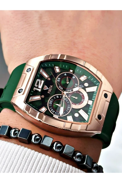 Fiesta Yeşil Renk Silikon Fonksiyonlu Çelik Kasa Business Erkek Kol Saati + BİLEKLİK - Resim 3