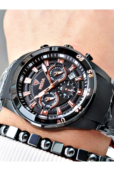 Fiesta Siyah Renk Silikon Metal Çelik Kasa Kordon Erkek Kol Saati + BİLEKLİK - Resim 3