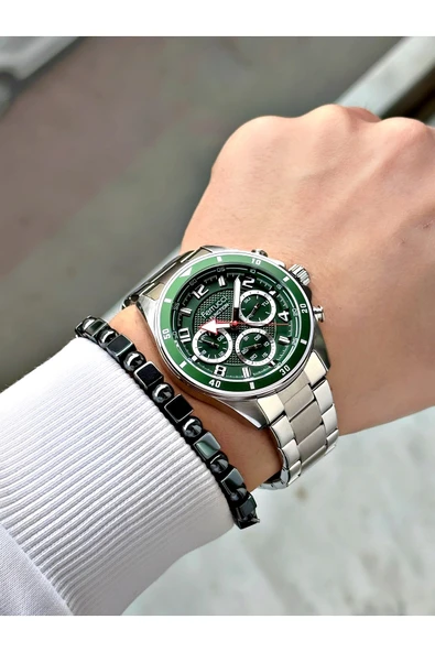 Ferrucci Siyah Renk Siyah Kasa Deri Kayışlı Erkek Kol Saati + Hematit Doğaltaş Bileklik - Resim 2