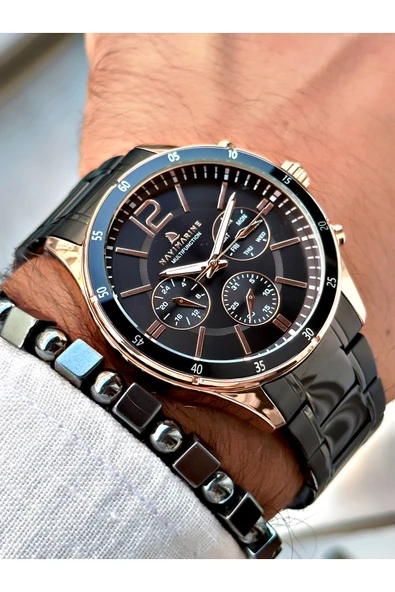 Navimarine Siyah Renk Çelik Kordon Fonksiyonlu Erkek Kol Saati + BİLEKLİK ürün görseli 1