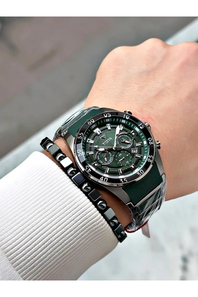 Fiesta Yeşil Renk Silikon Metal Çelik Kasa Kordon Erkek Kol Saati + BİLEKLİK - Resim 4