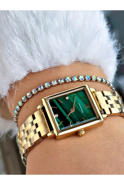 Chaperone Altın Renk Kare Model Sade Çelik Kordon Kadın Kol Saati + BİLEKLİK - Resim 3