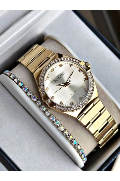 Ferrucci Altın Renk Aynalı Model Taşlı Model Kadın Kol Saati + BİLEKLİK - Resim 3