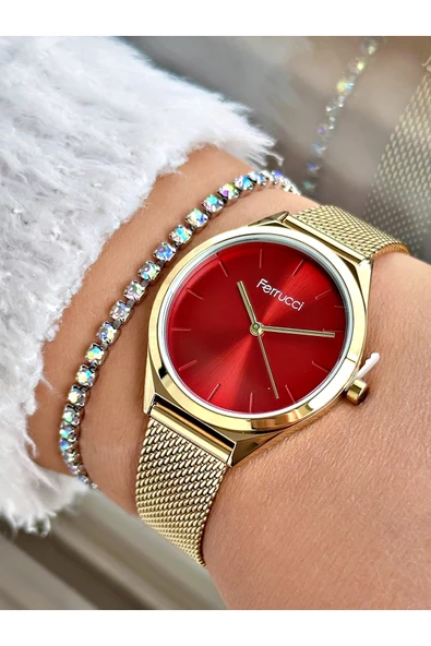Ferrucci Altın Gold Renk Klasik Hasır Sade Model Kadın Kol Saati + BİLEKLİK ürün görseli 1