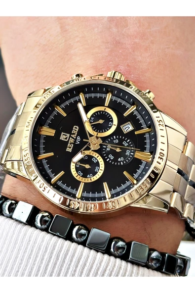 Reward Altın Renk Fonksiyonlar Aktif Ortası Şeritli Çelik Kordon Erkek Kol Saati + BİLEKLİK - Resim 3