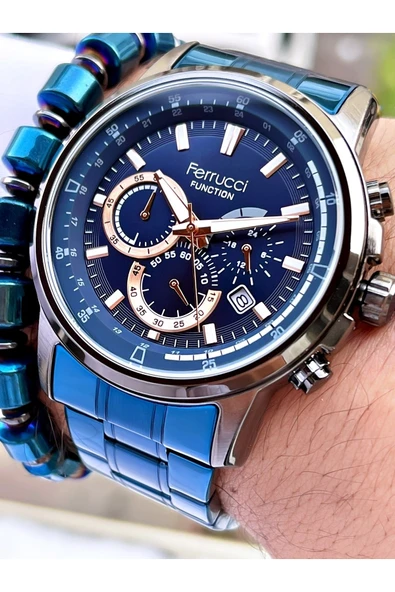 Ferrucci Lacivert Renk Siyah Kasa Çelik Kordon Fonksiyonlu Erkek Kol Saati + Bileklik Hediyeli - Resim 2