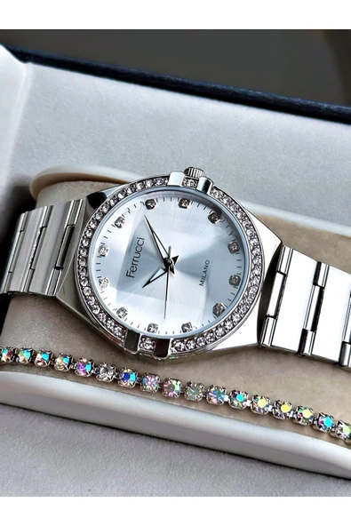 Ferrucci Gümüş Renk Aynalı Model Taşlı Model Kadın Kol Saati + BİLEKLİK ürün görseli 1