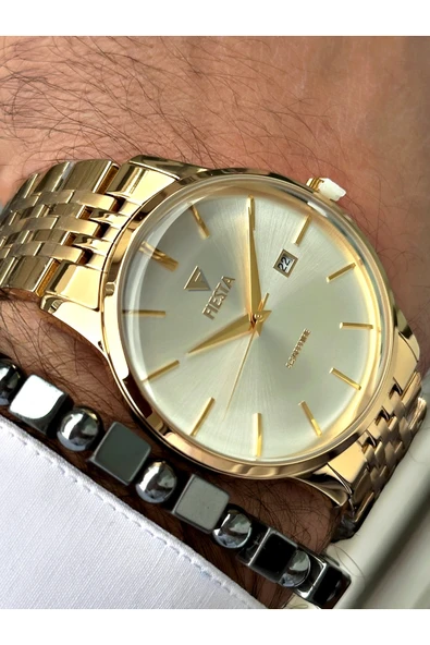 Fiesta Altın Renk Bombeli Safir Cam Lüx Çelik Erkek Kol Saati + BİLEKLİK HEDİYELİ - Resim 3