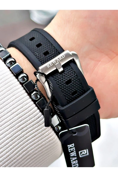 Reward Siyah Renk Kare Model Fonksiyonlu Silikon Spor Erkek Kol Saati + BİLEKLİK - Resim 5