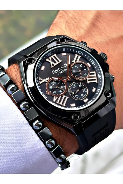 Ferrucci Siyah Renk Silikon Fonksiyonlar Aktif Spor Erkek Kol Saati + BİLEKLİK - Resim 4