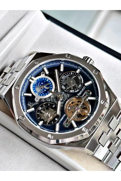 Ferrucci Gümüş Renk Mekanizma Lüx Business Model Otomatik Mekanizma Erkek Kol Saati + BİLEKLİK - Resim 3