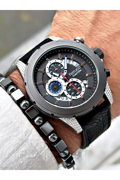 Ferrucci Siyah Renk Deri Kordon Fonksiyonlar Aktif Erkek Kol Saati + BİLEKLİK HEDİYELİ - Resim 3