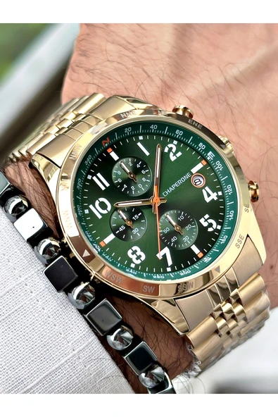 Chaperone Altın Renk Rakamlı Model Takvimli  Fonksiyonlu Erkek Kol Saati  + BİLEKLİK HEDİYELİ By Reward - Resim 3