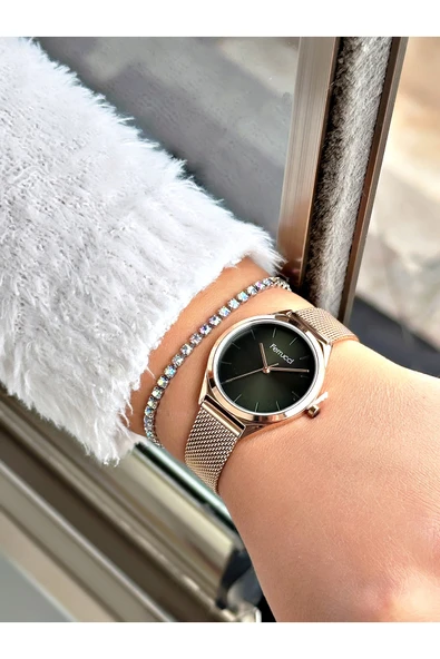 Ferrucci Rose Gold Renk Klasik Hasır Sade Model Kadın Kol Saati + BİLEKLİK - Resim 2