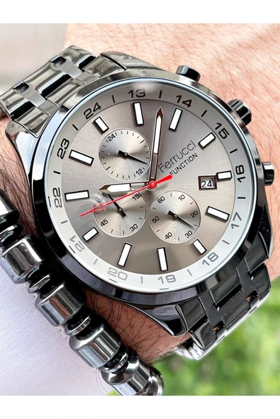 Ferrucci Siyah Renk Gri Kadran Bombeli Cam Fonksiyonlu Erkek Kol Saati + Bileklik ürün görseli 1