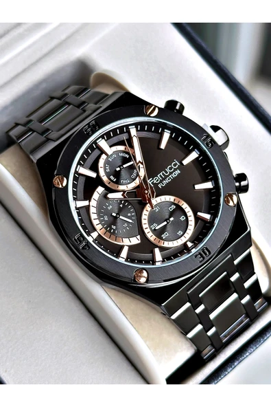Ferrucci Siyah Renk Fonksiyonlu Çelik Kordon Erkek Kol Saati + BİLEKLİK ürün görseli 1
