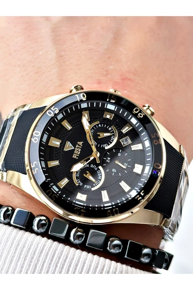 Fiesta Siyah Renk Silikon Metal Çelik Kasa Kordon Erkek Kol Saati + BİLEKLİK - Resim 5