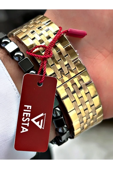 Fiesta Altın Renk Bombeli Safir Cam Lüx Çelik Erkek Kol Saati + BİLEKLİK HEDİYELİ - Resim 5
